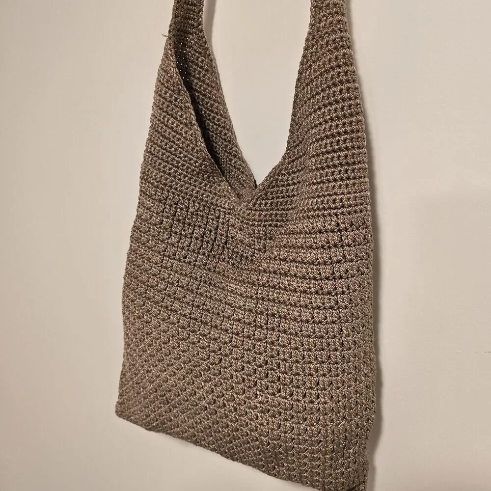 Vintage Knit Woven Hobo Bag Brown Taupe Crochet Crossbody Boho Hippie 90s Y2k
